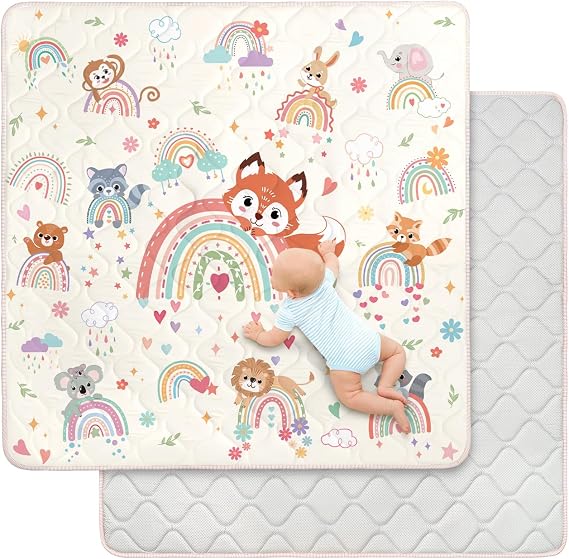 Baby Play Mats for Floor,127x127cm Foldable Playmat for Babies Toddlers,Thick Machine Washable Playpen Mat Pad,Soft Non-Slip Activity Mat for Crawling & Playing & Tummy Time,Boho Rainbow Animal