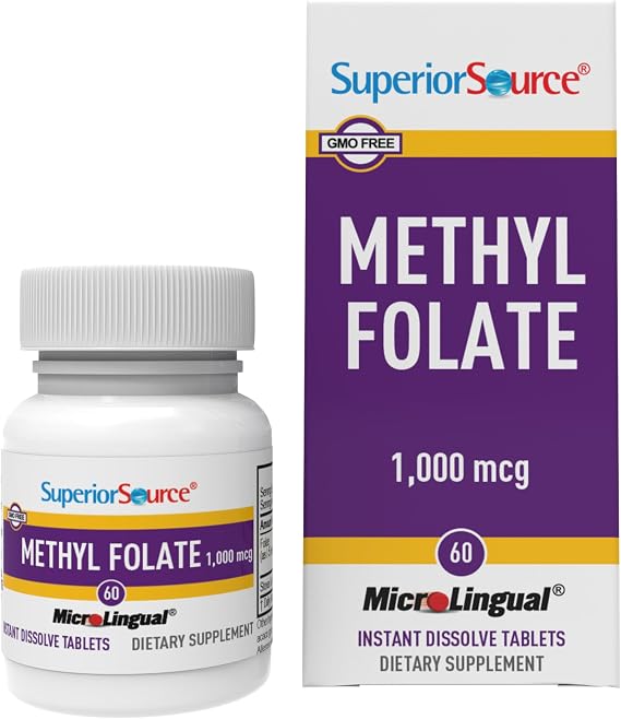 Superior Source Methyl Folate 1,000 mcg - Folate Supplement for Women & Men - Methylated Folate Supplement Supports Healthy Nervous System & Red Blood Cells - 60 Sublingual Dissolving Tablets | Methylated Folate Supplement Supporting Healthy Nervous System Function and Red Blood Cell Production for Women and Men