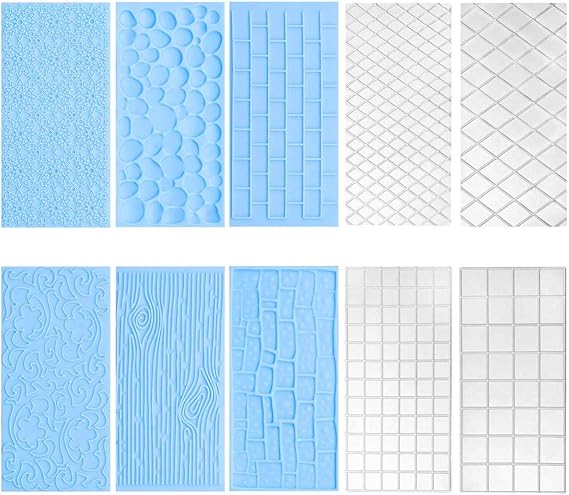 10 Set Fondant Impression Mat Mold Lace Embossing Mat Tree Bark/Brick Wall/Flower/Stone Wall Fondant Impression Mats Texture Design for Cupcake Border Decoration