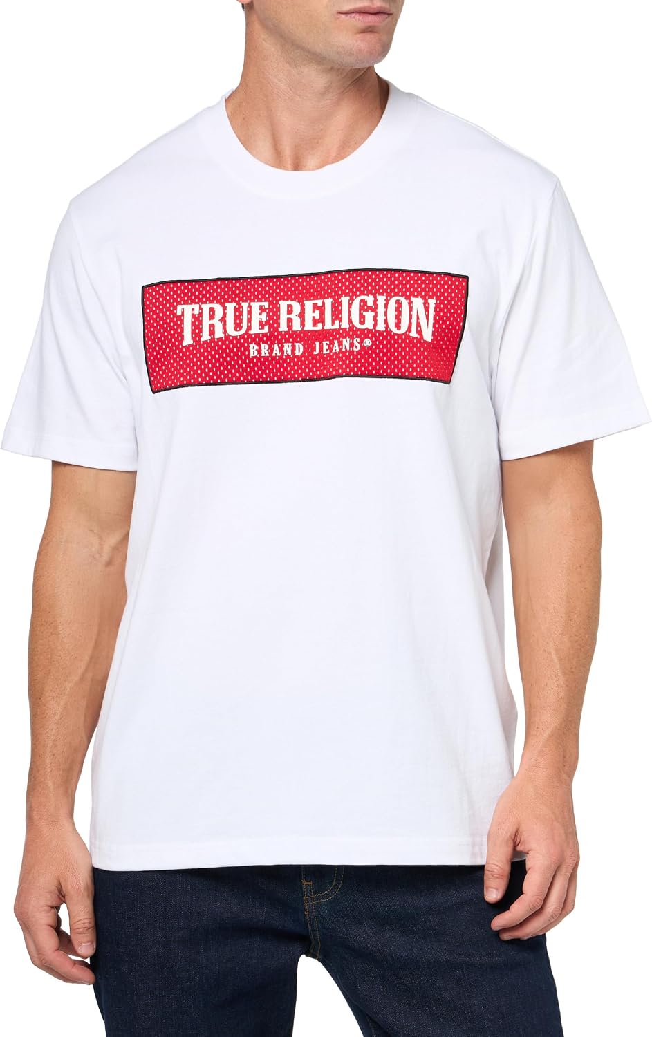 True Religion Mens Short Sleeve Mesh Box Logo Tee - Casual Crew Neck T-Shirt