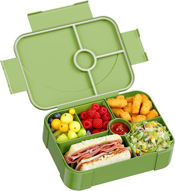 LEIKEEGO Lunch Box, Leak-Proof Bento Lunch Box Kids, Snack Box with 6 Compartment for Kids/Adults/School/Work(Green)