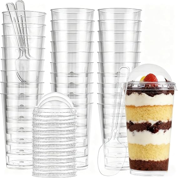 100 Pack 3oz Plastic Dessert Cups with Lids and Spoons, Mini Shooter Cups for Desserts, Clear Plastic Parfait Appetizer Cups, Shot Glasses for Desserts, Pudding, Event and Party
