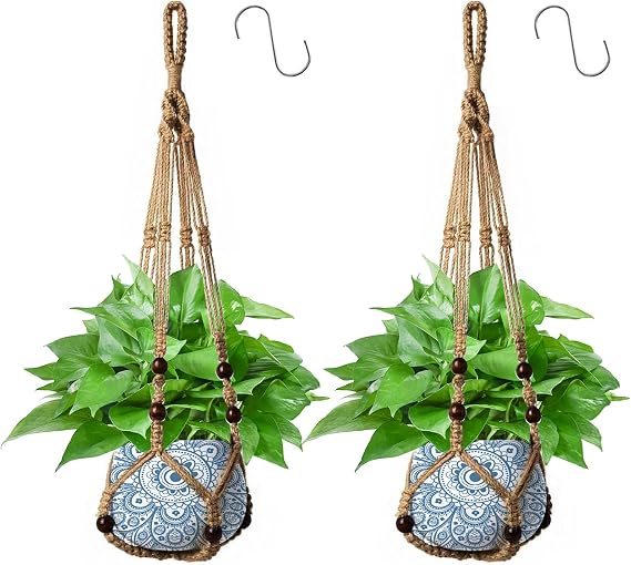 Hanging Planter Baskets, Jute Rope Macrame Plant Hanger with Wood Beads Decorative & 2 Hanging Hook, Wall Hanging Flower Pot Plant Holder for Indoor Outdoor Boho Home Decor No Tassels(2PCS)