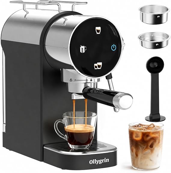 Ollygrin 20 Bar Espresso Coffee Machine, Semi-Automatic Espresso Machine with Touch Panel, 1350W Espresso Maker with Steam Wand, Removable Drip Tray & Water Tank, Modern Design for Latte & Cappuccino