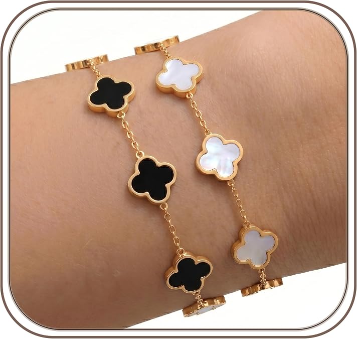 18k Gold Plated Clover Bracelets, Set of 2, Dainty Chic Four-Leaf Clover Lucky Charm Bracelets Sets, Adjustable Sizes, Trendy Jewelry Gifts for Her