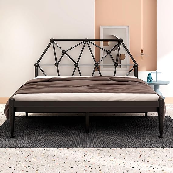 Iron Queen Bed Frame Heavy Duty Metal Platform Bed with Reinforced Slatted Frame, Geometric Headboard, Anti-Slip Pads, for Master Bedroom, Home(Black,180x200cm)