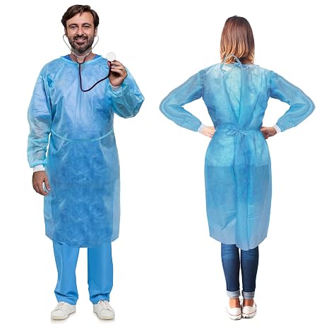 AMZ Medical Supply Disposable Gowns, Blue Large, Pack of 100, 45 GSM SMS, Breathable, Roomy Fit, Knit Wrists, Long Back Ties, Single Use Cover Gowns