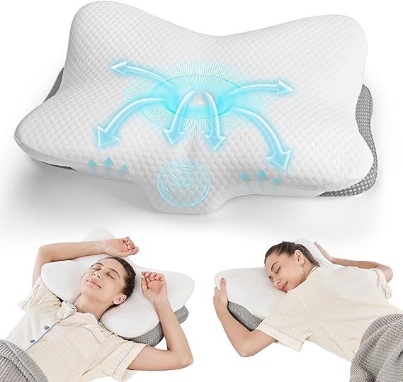 JOYENERGY Ergonomic Memory Foam Cervical Pillow for Neck and Shoulder Pain | Contour Pillow with Adjustable Dual Heights, Breathable Pillowcase, Orthopedic Support for Side Back Stomach Sleepers White