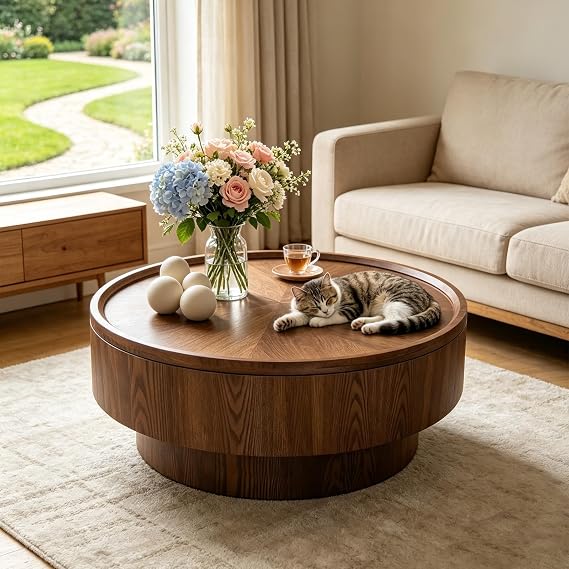 30.7in Drum Coffee Table with Storage,Round Coffee Table Walnut Veneered