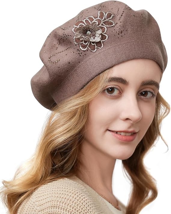 Flower Embroidery Beret Hat for Women, French Style Knitted Beret Hats, Stylish Solid Color Beret Cap for Women Girls Lady