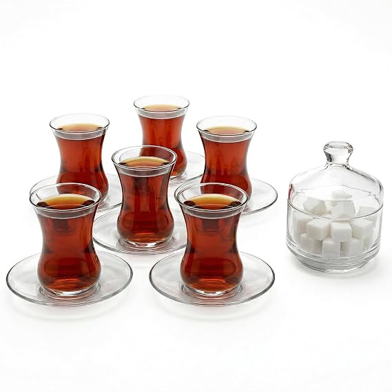 Traditional Turkish Tea Glasses Set Includes; 6 Glasses, Tea Cups (4 oz), 6 Saucers and Sugar Bowl with Glass Cover (8.8 oz), Arabic Persian Tea Cups (13 Pieces)