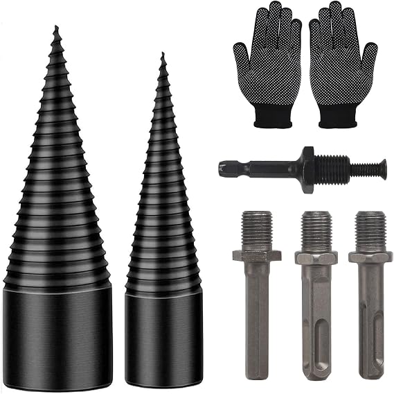 Wood Splitter Drill Bit 42mm + 32mm with Anti-Slip Gloves and 4 Drilling Handles, Log Splitter Drill Bit Kindling Splitter for Wood Splitting Drill Bit Heavy Duty Firewood Splitter Drill (42mm+32mm)