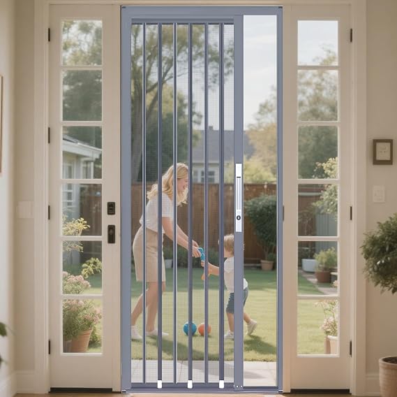 40x86 Retractable Screen Door, Folding Door with Aluminum Frame, Metal Screen Keep Bugs Out Ventilation Net, Heavy Duty Folding Screen Door for Front Doors Bedroom Patio Chicken Coop RV Grey