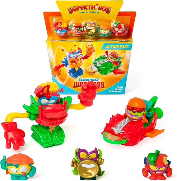SUPERTHINGS KAZOOM Power Warriors – Action Pack. Includes 5 Superthings (1 Golden Captain included), 1 Robot, and 1 Slider. Pack 4 of 4
