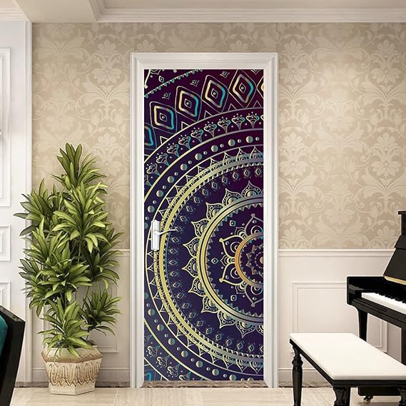 Door Sticker Wall Paper-3D Door Mural Mandala Wall Decal Self-Adhesive Waterproof Removable Wallpaper Home Decoration for Bedroom Livingroom Bathroom 30.3x78.7(77x200cm), 2 Pcs Set