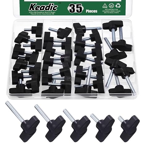 Keadic 35 Pcs M6 5 Sizes Clamping Screw Knob Thumb Screws Assortment Set Carbon Steel 36# Threaded Knurled Thumbscrew Screw on Tee Wing Plastic Knob-M6 x [13-50] mm