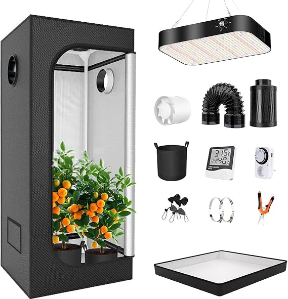 Indoor Grow Tent Kit with LED Grow Light - Complete Hydroponics System with Auto Timer & Humidity Monitor for Growing Vegetables and Herbs