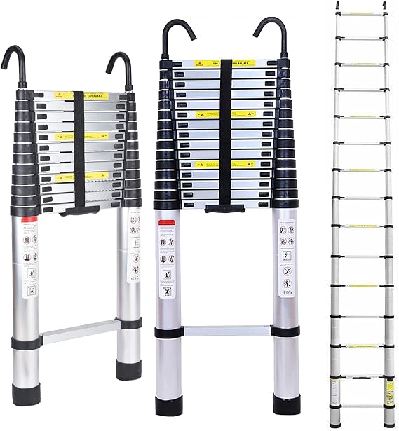 Extension Ladder 16.4 FT Folding Telescopic Ladder Extend Aluminum Multi-Purpose 5M Telescoping Ladder with Detachable Hook Extendable Button Retraction 330 Lb Capacity for Household Daily Loft