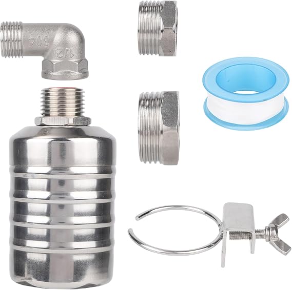 Water Float Valve Kit, Stainless Steel Leak-Proof Automatic Water Level Control Float Valve 1/2" Male Thread Shut Off Valves for Fish Tank Pool Livestock Trough Distiller