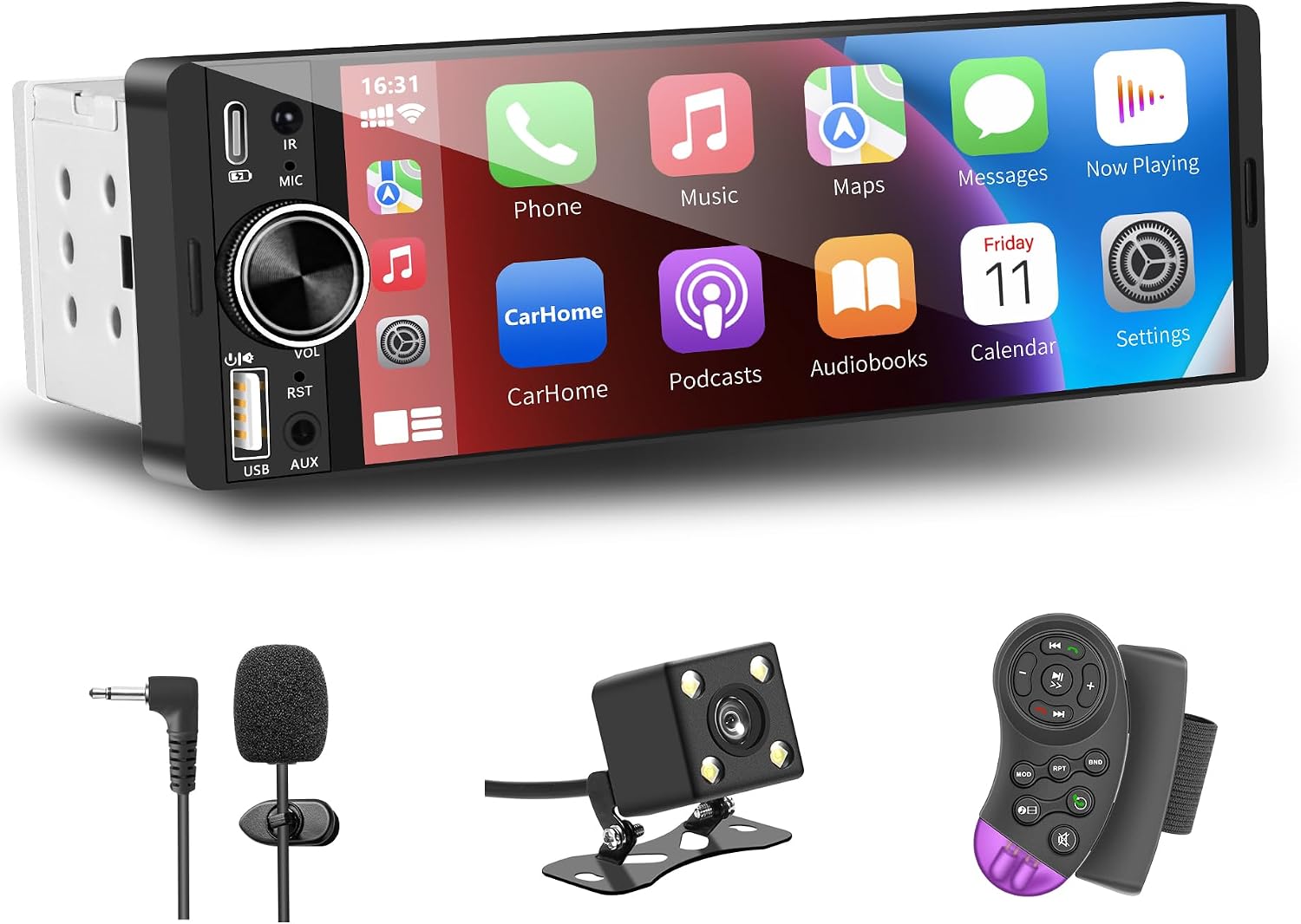 Single Din Car Radio, Touchscreen Car Stereo for Wireless and Wired Apple Carplay,Android Auto, Radio para Carro with FMUSBMirror LinkRear CameraCar Steering Wheel ControllerMirophoneType-cAux