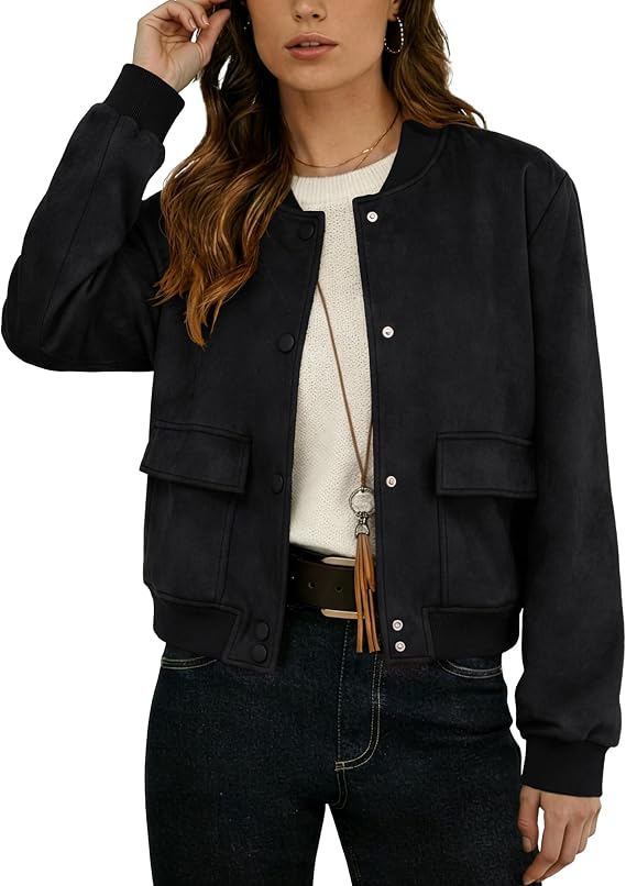 GRECERELLE Womens Faux Suede Leather Bomber Jacket Cropped Button Down Long Sleeve Casual Varsity Baseball With Pockets