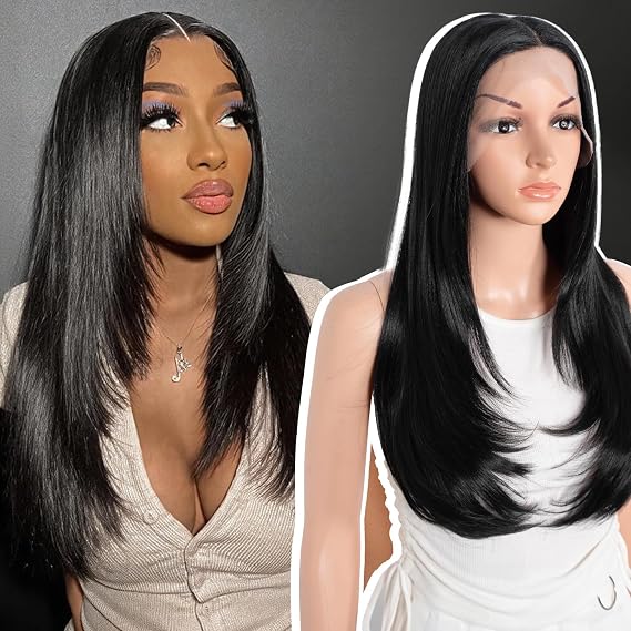 Style Icon Layered Wig Glueless Synthetic Lace Front Wigs 24 inch Natural Black Long Layered Straight Hair Wig for Women 13x4x1 T Part Lace Pre Plucked Hairline