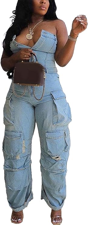LKOUS Women's Cargo Strapless Baggy Y2K Denim Multi Pocket Jeans Jumpsuit