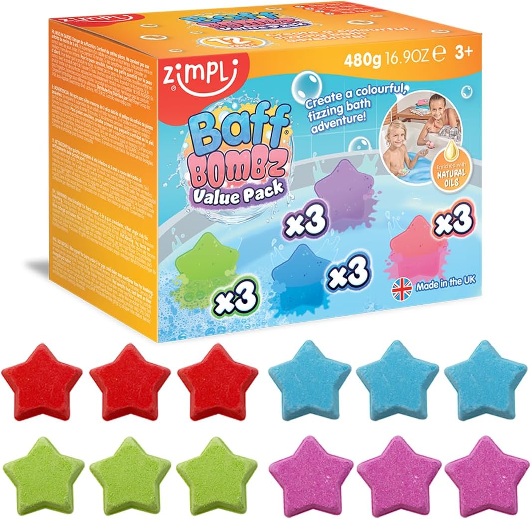 ZIMPLI - 12 x Star Baff Bombz, Create a Colourful, fizzing, bathtime Adventure, Birthday Gift for Kids, Moisturising Bath Bombs, Vegan Friendly & Cruelty Free