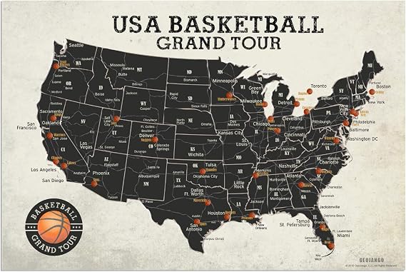 GEOJANGO Basketball Stadium Map Poster (36x24) - NBA Team Locations, Satin Finish, Black, Brown, Tan, Beige