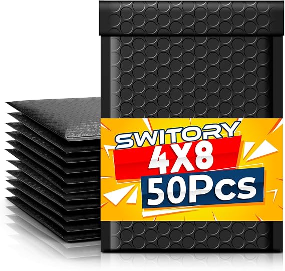 Switory 50pcs Padded Envelopes A6 Bubble Mailers Packaging Bags 4X7In Jiffy Bags Small Envelopes, Bubble Lined Wrap Poly Mailers Bags for Shipping Mailing 10.2x17.7cm, Black
