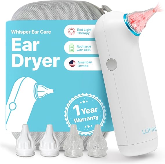 Ear Dryer + Case | USA | | Rechargable Ear Water Drying Aid with Red Light Therapy Delivers Gentle Warm Air to the Ear to Combat Annoying Swimmers Ear Infections as a Ear Fluid Remover