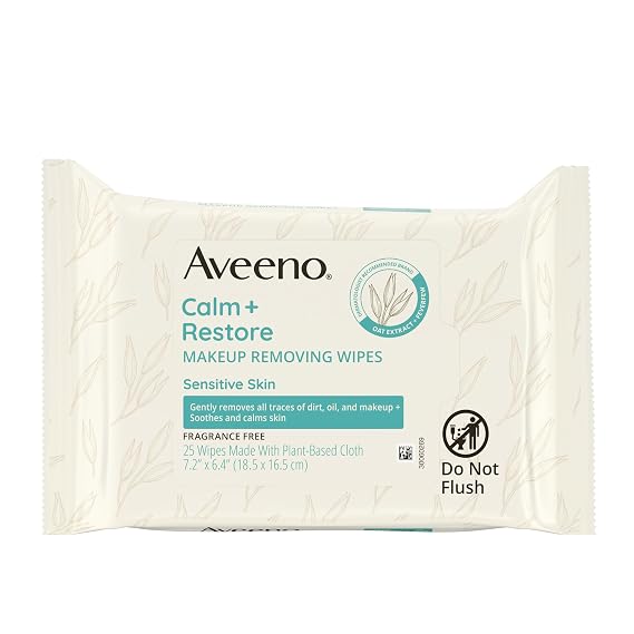 Aveeno Calm + Restore Unscented Makeup Remover Wipes, Alcohol-Free, 25 Ct | Makeup Wipes with Oat Extract & Calming Feverfew, Fragrance-Free, Sensitive Wipes Leave Skin Feeling Soothed, Alcohol-Free