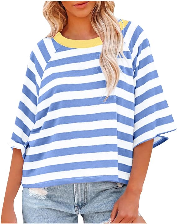 Oversized Tshirts for Women Summer 3/4 Length Sleeve Tops Casual Striped Crew Neck Tee Fashion Loose Clothes 2024
