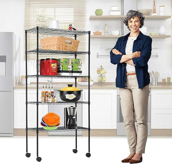 Meet perfect 5-Tier Wire Shelving Unit with Wheels, Black