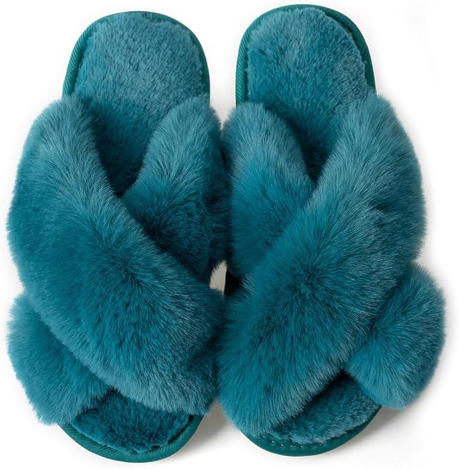 Enteer Women's Slipper Memory Foam Cross Band Fuzzy Slippers Open Toe Cozy House Slippers Cozy Plush Bedroom Indoor Outdoor