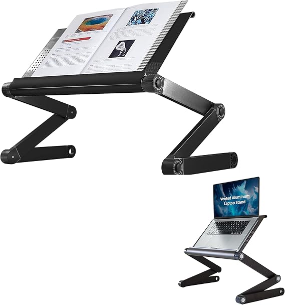 Uncaged Ergonomics Adjustable Book Holder, Tablet & Laptop Stand, Aluminum Portable Reading Stand for Textbooks & Cookbooks, Recipe Holder for Kitchen Counter, Black | 18x10" aluminum panel adjusts 0-21" with 360 rotation, up to 12 lbs cookbook, book holder, laptop riser & tablet stand.