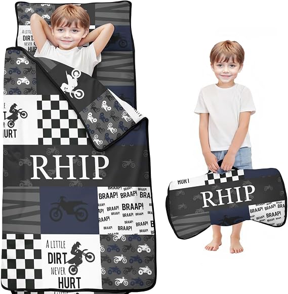 Personalized Dirt Bike Nap Mat Set with Name, Motocross Sleeping Bags for Boys, Customized Toddler Bed Mattress for Kids, Slumber Bags for Preschool, Daycare or Kindergarten, Toddler Sleep Sack