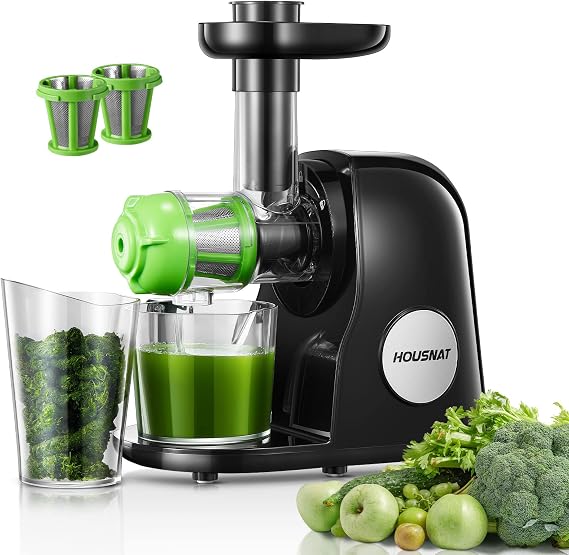 HOUSNAT Cold Press Juicer Machine, Easy to Clean Slow Masticating Juicer for Fruits and Vegetables, High Juice Yield Juice Extractor with Reverse Function, Quiet Motor, Juice Cup Included