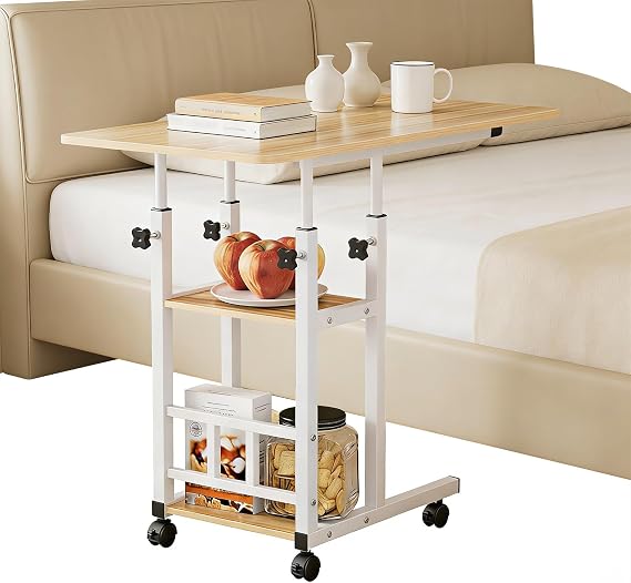 Over Bed Table with Wheels, C-Shaped Overbed Table, 3-Tier Bedside Desk