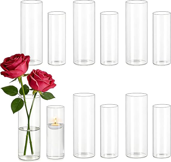 Hewory Cylinder Bud Vases for Flowers, 12 Glass Vases for Table Decorations | Cylinder Vase Clear Small Vase for Wedding Centrepiece, Party, Birthday, Home, Bridal Shower, 15x 5.5 / 18 X 6.5cm