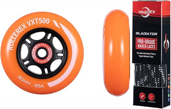 Rollerex VXT500 RipStik/Inline Skate Wheels (2-pack w/bearings, spacers and washers) (Sunrise Orange, 76mm) Gladiator Waxed Skate Laces (Jet Black, 72")