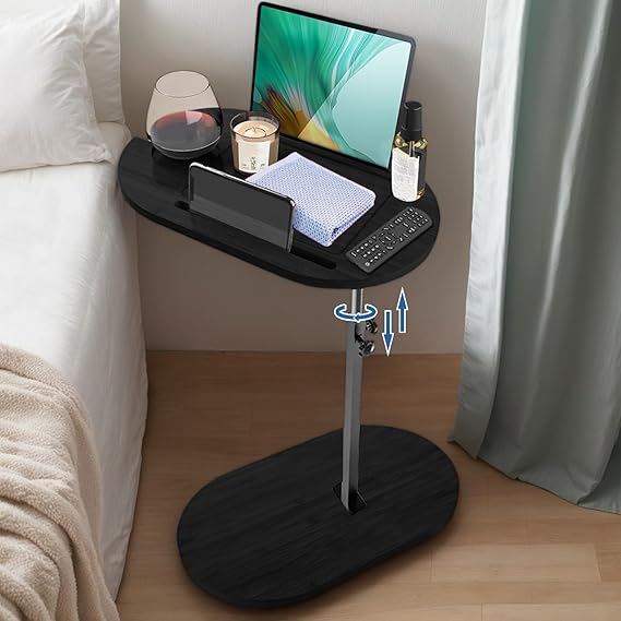 360° Rotation Side Table Living Room,Bamboo C Shaped Side Table,Adjustable Height Sofa Table, Modern Lift Top Coffee Table for Living Room,Bedroom,Bathroom(Black)