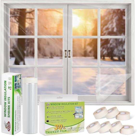 FLYZZZ Window Insulation Kit - Includes 10-Standard Windows (62x393in) &10-Standard Window (62x420in) Kits with Shrink Window Plastic for Winterizing and Extra Wide Tape for Winterizing, Draft Block