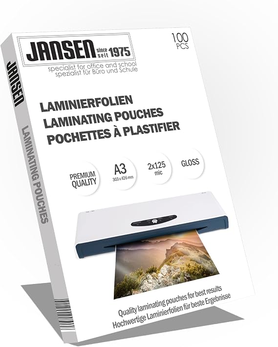 Jansen- A3 Laminating Pouches, 2 x 125 Micron High Gloss, Packaging May Vary (Packing of 100)