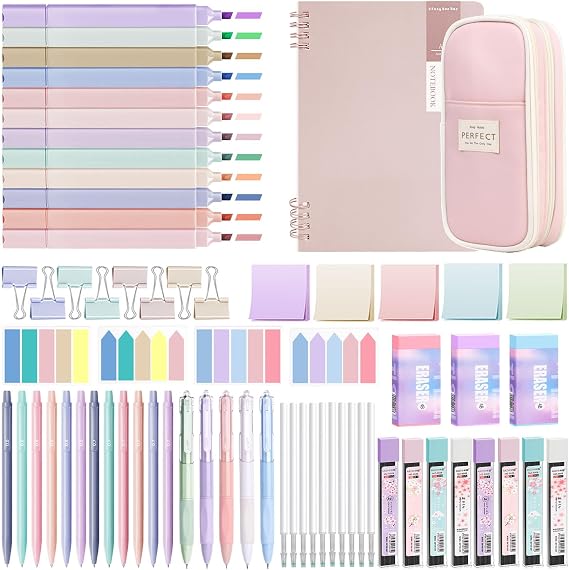 69 PCS Aesthetic School Supplies with Pink Pencil Case, 12 Pastel Highlighters, 5 Gel Pens, 12 Mechanical Pencils 0.5 & 0.7 mm, Notebook, Sticky Notes for School Office Stationery