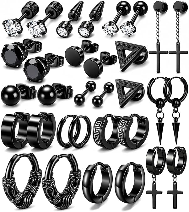 16 Pairs Men Earrings Set -Stainless Steel Cross Dangle Hoop & Ear Stud Fashion Piercing Jewelry for Birthdays, Parties & More (Black)