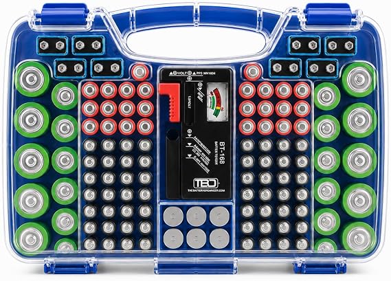 180 Battery Organizer Case with Tester, Double-Sided, Locking Lid, Blue