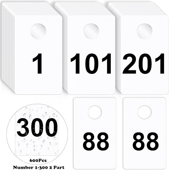 600Pcs Number Tags Plastic Check Tags 2 Part 1-300 1.5x2.5inch Coat Check Tickets 10mil Number Cards with Hole Reusable Coat Room Tags Claim Ticket for Closet Organization Raffle Draws White