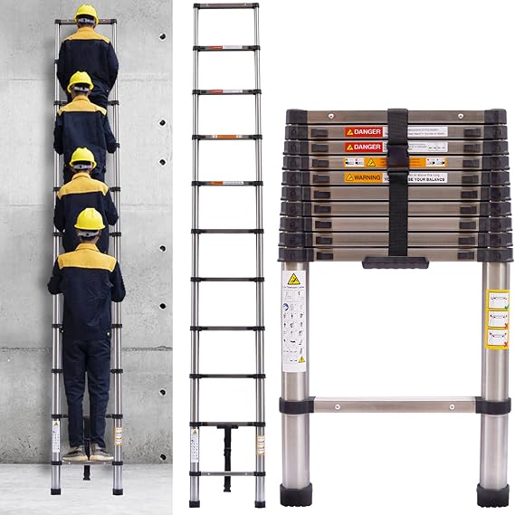 Telescopic Ladder 3.2M, Extendable Ladder Multi-Purpose Folding Ladder 10.5FT, Extension Step Attic Ladder for Multipurpose, 150kg Capacity 11 Steps Stainless Steel Loft Ladder with EN131 Standard