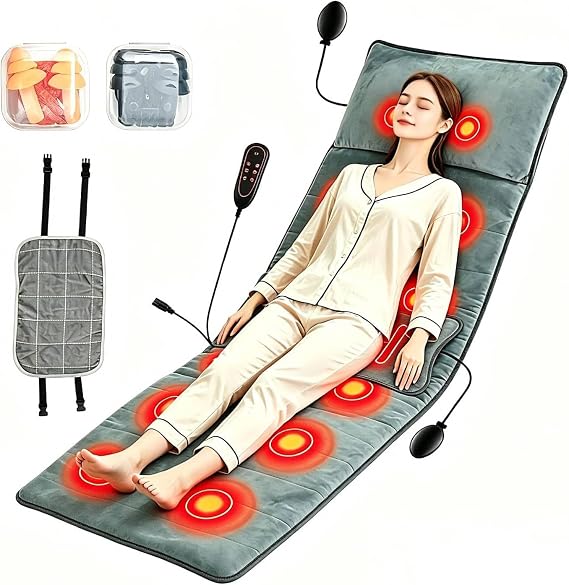 TeqHome Full Body Massage Mat with Heat, 10 Vibration Motors & 3 Timers, Includes Inflatable Pillows & Earplugs & Pillow Cloth for Chair/Bed/Sofa, Relaxation & Comfort
